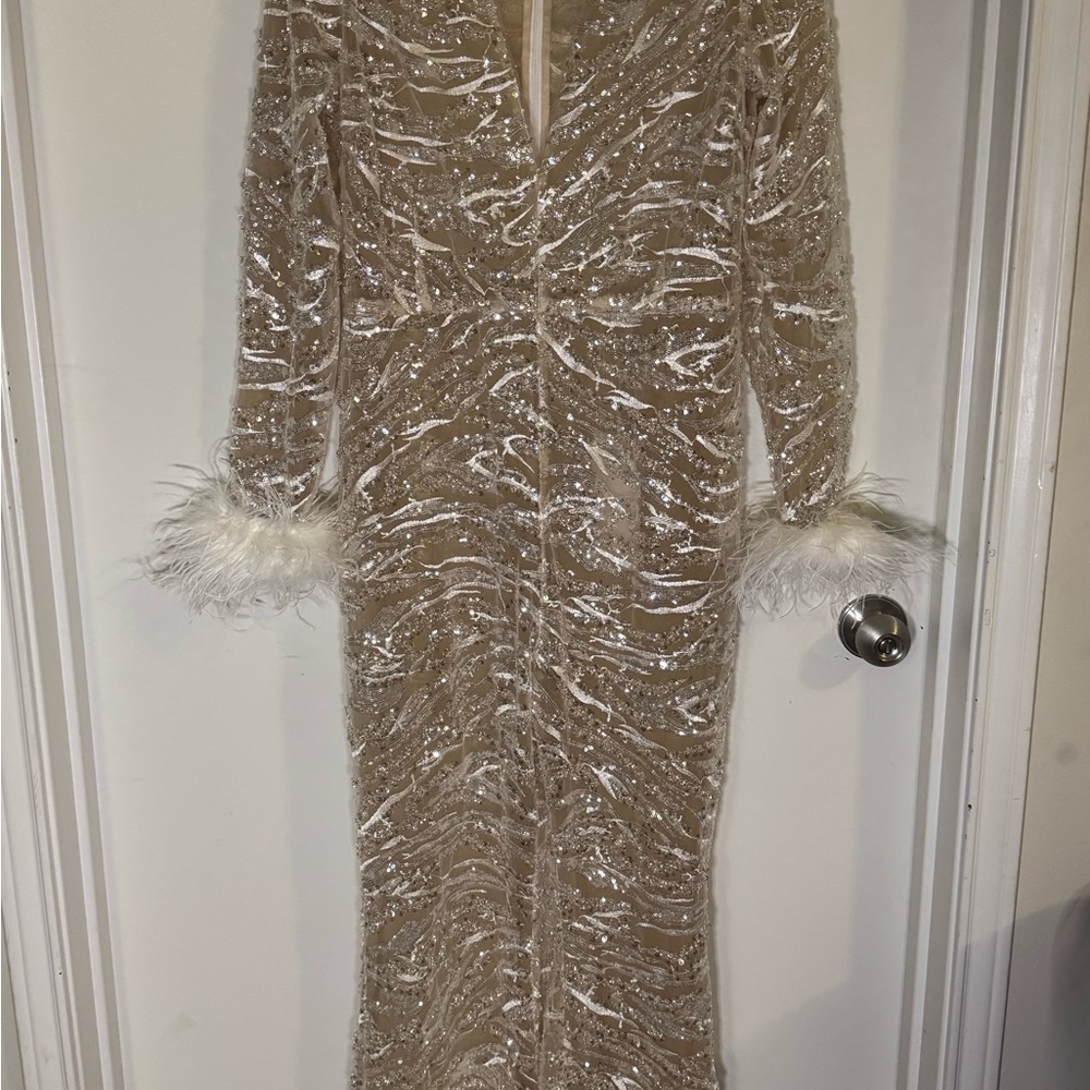 Elegant Cream Sequin Dress with Feather Cuffs